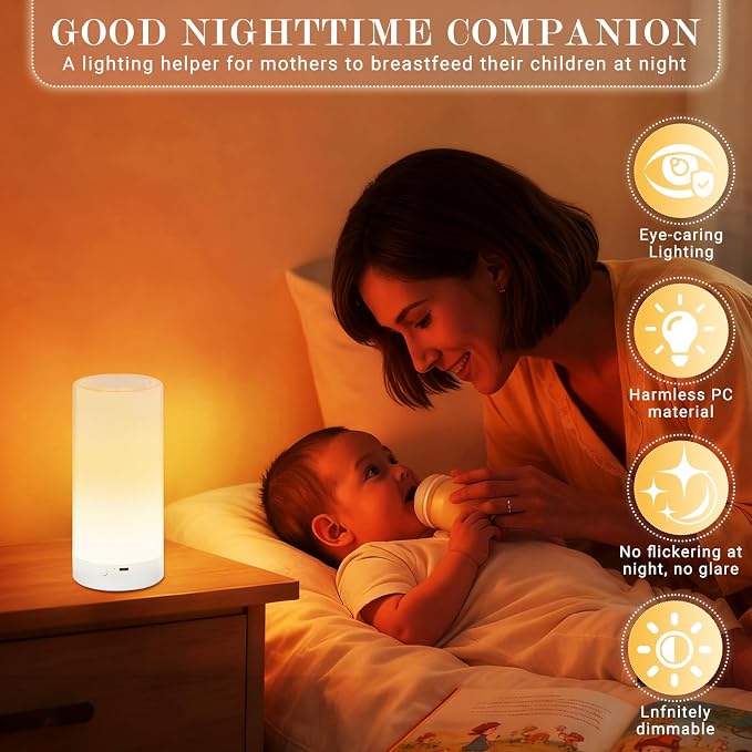 UNIFUN Night Light Touch Control RGB Rechargeable Bedside Lamp Dimmable | Easy Touch Control Dimming Design, Stepless Dimming RGB Color Change , Portable Cordless And Multi-Scenario Application