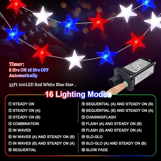 Red White and Blue Patriotic String Lights, 33FT 100 LED Plug in Fairy Lights with 16 Lighting Modes & Timer, 4th of July Decorations for Independence Day Memorial Day Home Garden Decor