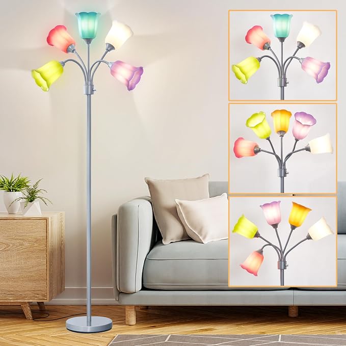 Medusa LED Floor Lamp, Multi Head Modern Tall Lamp with Adjustable Gooseneck Standing Lamps Led Tall Lamp for Living Room Bedroom Kids Room Office 6 Color Lampshades Bulb Not Included Silver