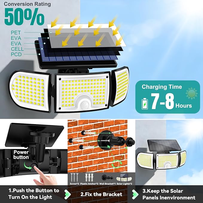 Solar Outdoor Lights, 3000LM 218 LED Motion Sensor Lights with Remote Control, IP65 Waterproof,270° Wide Angle Flood Wall Lights with 3 Modes for Outside Patio Wall (1pc)