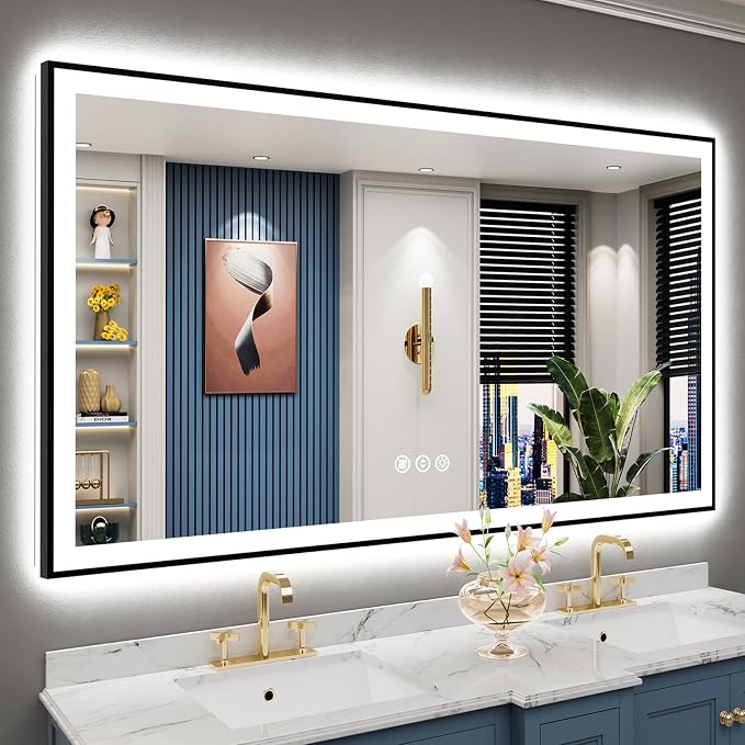 66x36 Black LED Bathroom Mirror, Backlit & Front Lit Lighted Mirror | Metal Framed Anti-Fog Vanity Mirror with Lights, 3 Color Dimmable, Memory, HD Tempered Glass, CRI95, UL Listed, Wall Mounted