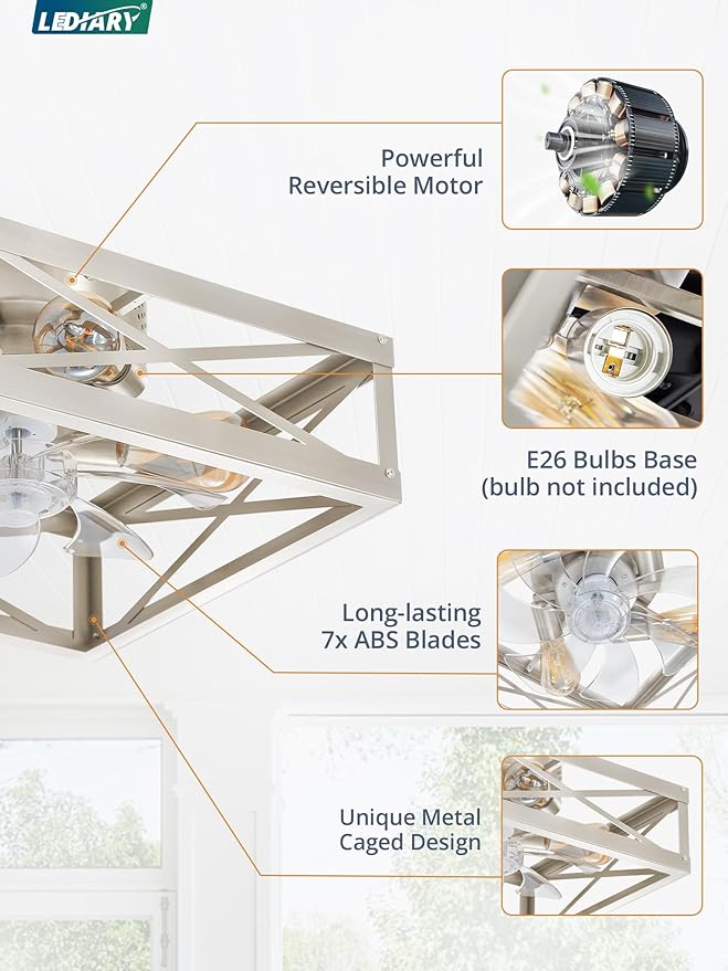 LEDIARY Caged Low Profile Ceiling Fans with Lights and Remote, Brushed Nickel Square Flush Mount Ceiling Fan, 6 Speed and Reversible, Small Modern Farmhouse Bladeless Ceiling Fan for Bedroom, Kitchen