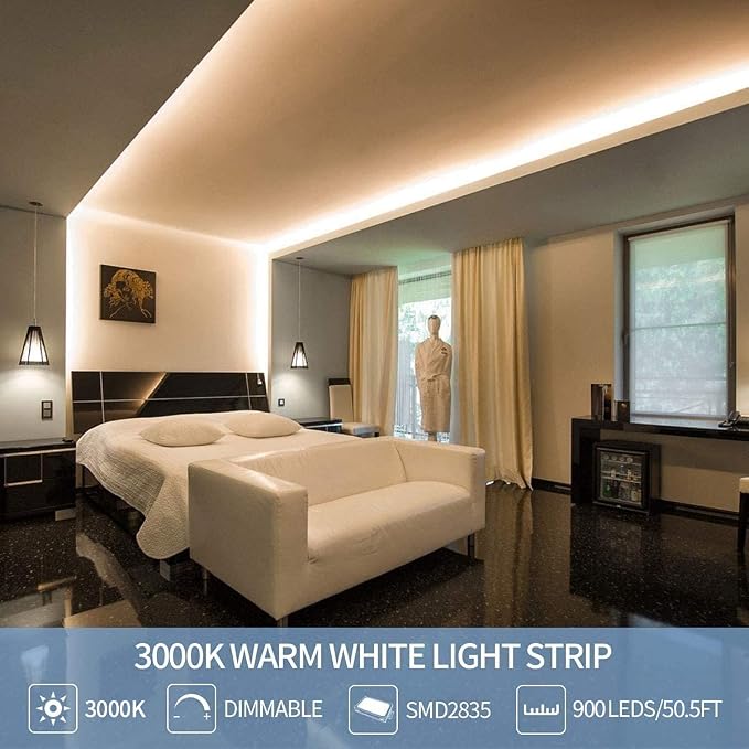 Led Strip Lights 50.5ft Warm White Dimmable Led Light Strip Flexible Rope Lights Kits with 24v Etl Power Supply, Adhesive Clips, Dimmer Switch and Connectors for Indoor Decor