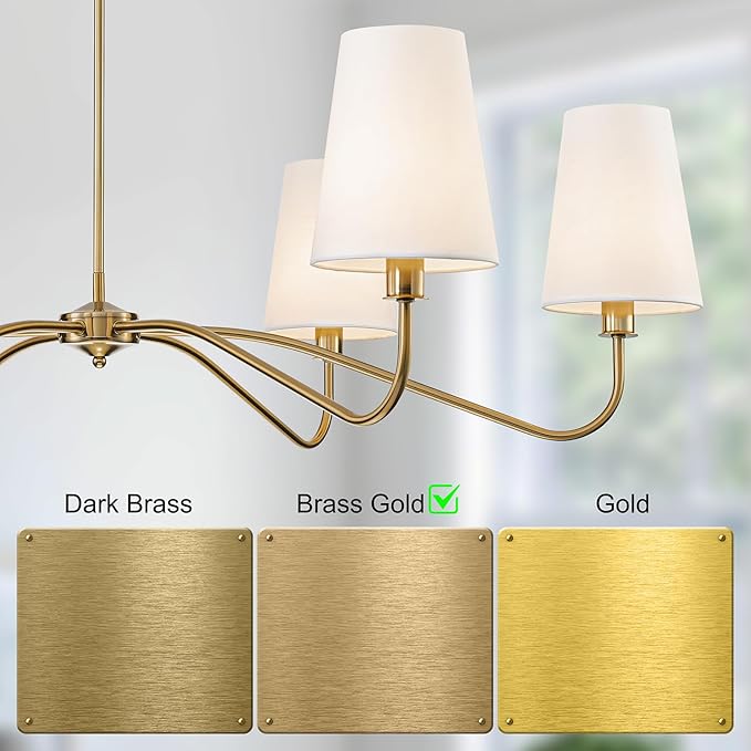 47'' Brushed Gold Chandelier with Shades, 6-Light Modern Chandelier for Living Room, Large Dining Room Light Fixture, Brass Large Classic Pendant Light Fixture for Kitchen Height Adjustable E12 Base