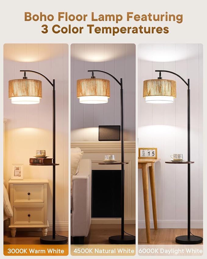 PESRAE Rattan Floor Lamp for Living Room with Side Table, Farmhouse Arc Floor Lamp with 3 Color Temperatures and Rattan & Fabric Lamp Shades, Boho Standing Lamp for Living Room, Bedroom Corner