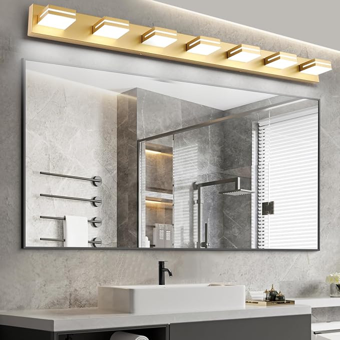 SineRise LED Modern Bathroom Vanity Light Fixtures, Modern Acrylic Bathroom Wall Lighting Fixtures Over Mirror, 7-Light, 55-Inch, Gold, 100%-0% White