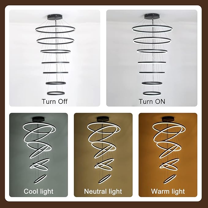 XGZL·LIGHTING 7-Rings Modern LED Chandelier Black D31.5’’ Contemporary High Ceiling Foyer Chandeliers Large with Remote Entryway for Living Room Entrance Staircase, 3000K-6000K