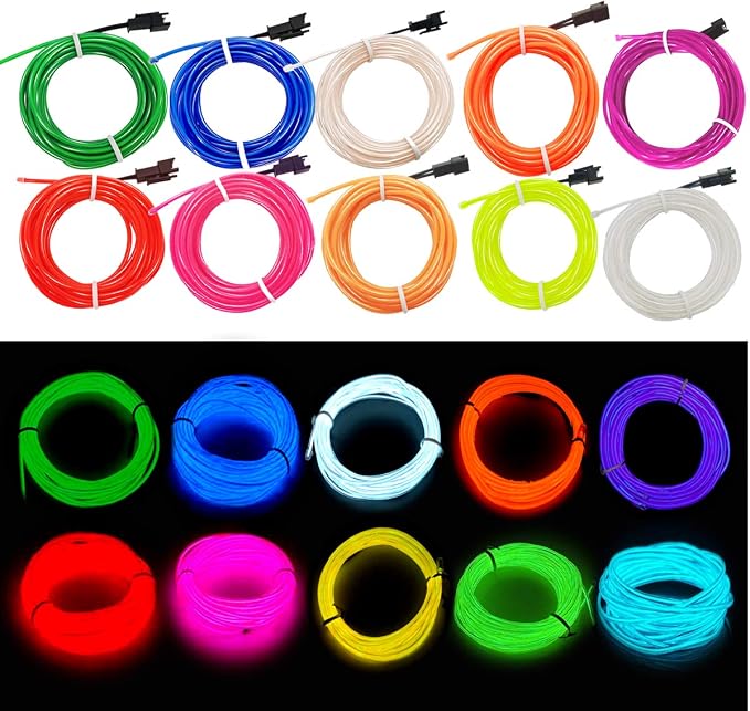 MaxLax EL Wire10 Pack, 16.4ft Neon Light Wire Noise Reduction with Battery Pack(10 Color)… (16.4ft)…