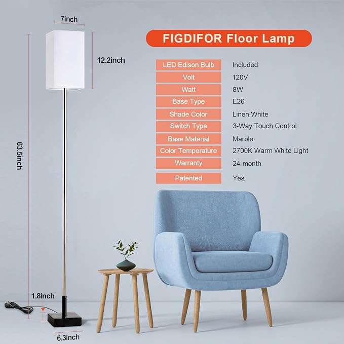 Floor Lamp, Marble Base, 3-Way Touch Control Dimmable, Linen Shade | Heavy marble base | Touch dimming | LED bulb included | Bedroom and living room lighting
