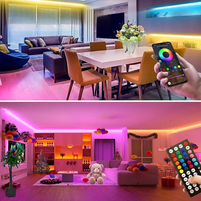 Battery Operated LED Strip Lights 13.12ft RGB Color Changing, Music Sync, Remote & App Control for Bedroom, Party, TV, Decor (13.12ft)