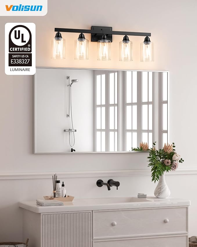 VOLISUN Matte Black Bathroom Light Fixtures, 5-Light Bathroom Vanity Light Over Mirror, Modern Vanity Lights for Bathrooms, Bathrooms Lights Fixtures Over Mirror with Clear Glass Shades