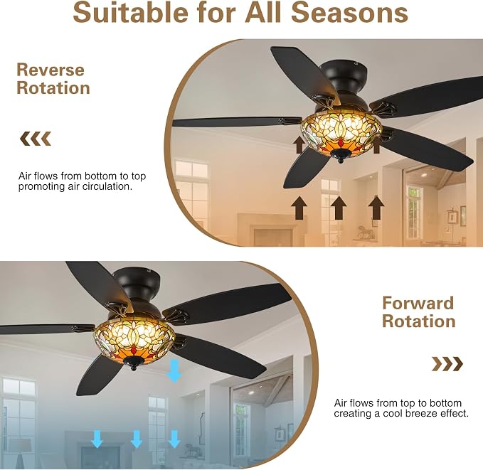 Tiffany Ceiling Fans with Lights-48"Ceiling Fan Chandelier and Glass Shade | 48" Ceiling Fan Chandelier with 5 Dual-Blades and Glass Shade, 6 Speeds and Reversible, Indoor and Outdoor, Retro Style