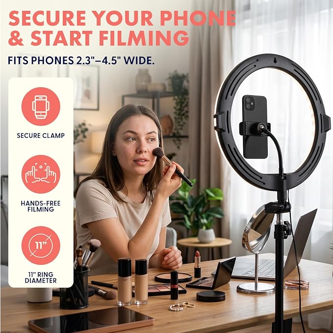 11’’ LED 12W Selfie Ring Light with Wired Control, 3 Color Modes, 10 Brightness Levels, Tripod Stand with 6 Sections, Phone Holder, Adjustable Brightness Levels for Influencers, YouTube, TikTok