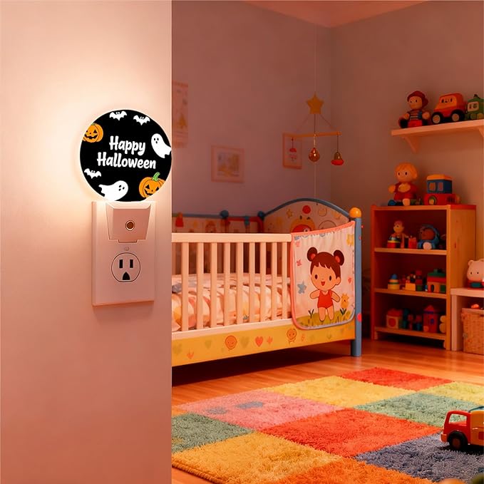 Mugod Happy Halloween Plug-in Nightlights Pumpkins Ghosts and Bats Night Light Plug into Wall with Dusk-to-Dawn Sensor LED Lighting 0.5W Sleep-Friendly
