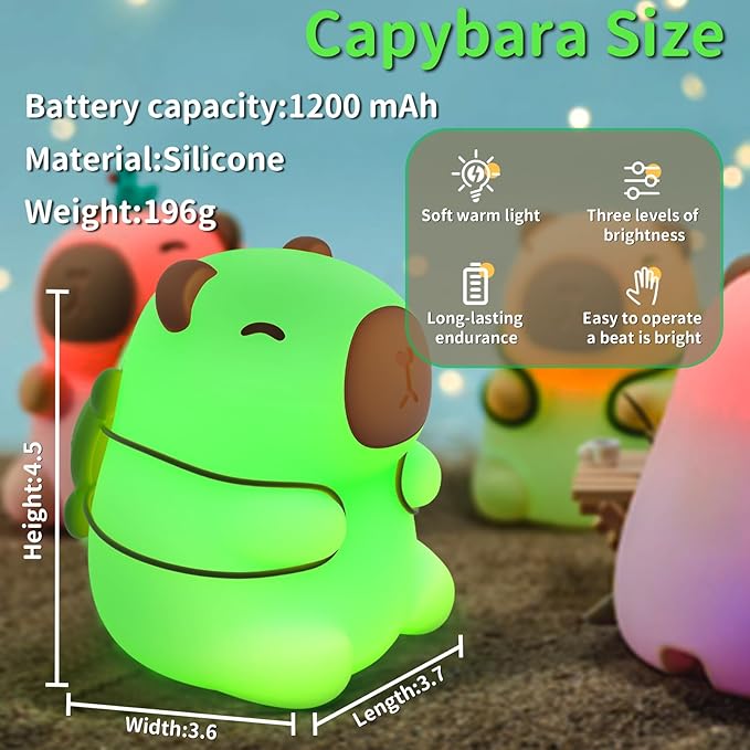 Cute Capybara Night Light, LED Squishy Novelty Animal Lamp,7 Colors Dimmable Capybara Nursery Night Light for Kids Sleeping,Rechargeable Touch Lamps, Kawaii Room Dorm Decor, Funny Gift