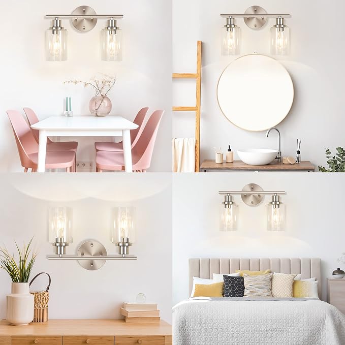2-Light Wall Light Fixture, Bathroom Vanity Light Over Mirror | Wall Sconce Light Fixture with Clear Glass Shade Brushed Nickel Modern Metal Wall Lights for Hallway Bedroom Living Room