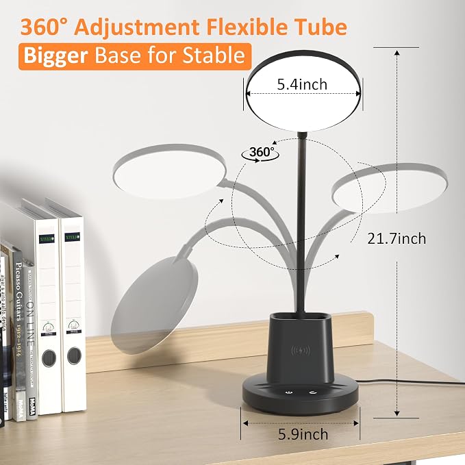 LED Desk Lamp with Wireless Charger for Home Office, Black | 3 Color Modes Dimmable Eye-Caring Study Desk Light for College Dorm Room, 360° Flexible Arm, Built-in Pen Holder, 800 Lumen