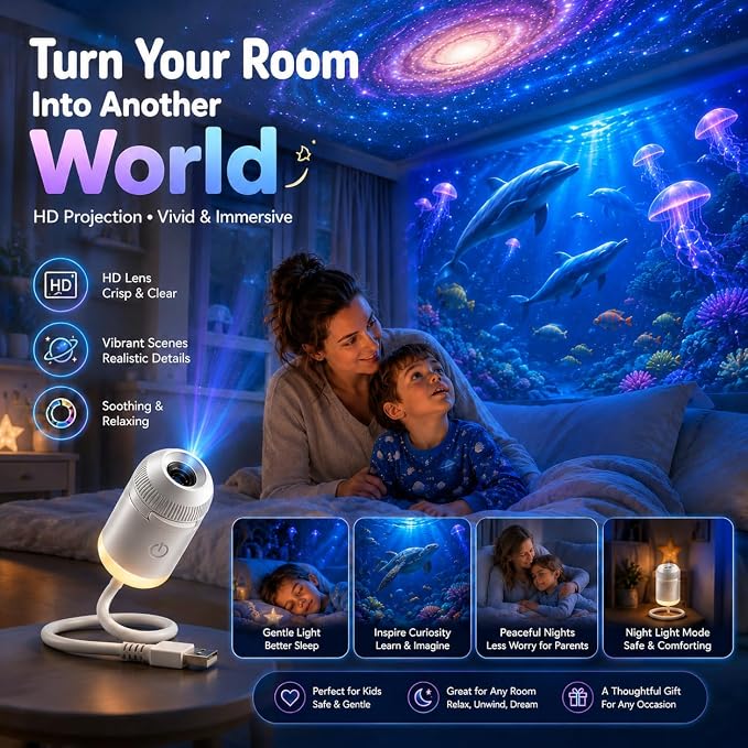 HD Smart Dynamic 5D Holographic Night Light Projector, 2-in-1 HD Plug and Play Galaxy Projector Portable Night Light Projector 360 Rotating USB Powered with 24 Films for Bedroom (24 Films)