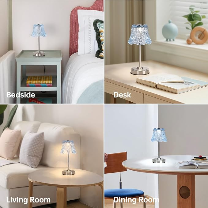 Shenmoyl Cordless Touch Table Lamp with 5200mAh Battery - 3 Adjustable Color Temperatures & Dimmable, Rechargeable Lamp for Bedroom, Living Room, Office, Entryway, Bookshelves (Clear Light Blue Rose)