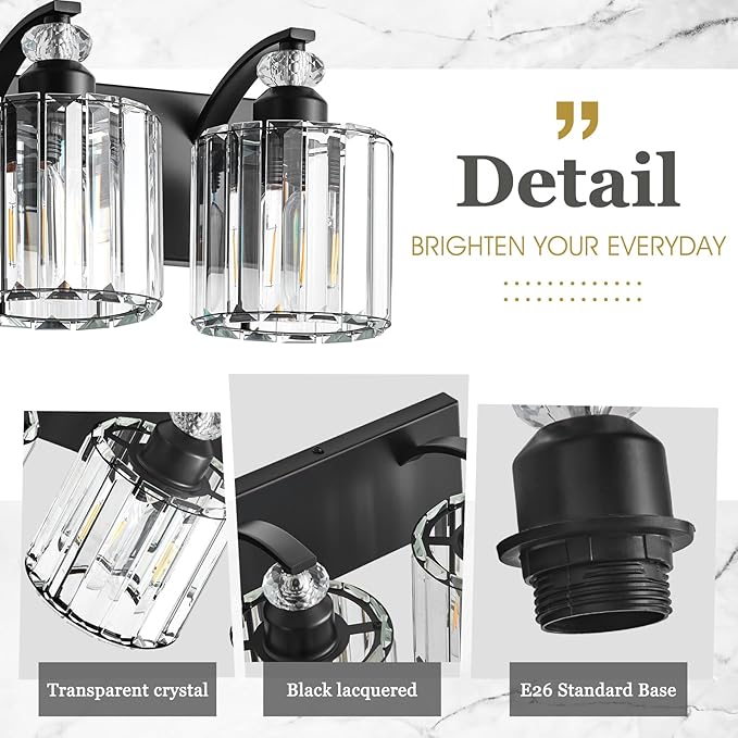 3-Light Black Bathroom Light Fixture Modern Vanity Lights Over Mirror Vintage Wall Sconce Lighting for Bathroom, Bedroom, Living Room, Hallway E26 Base with Crystal Bathroom Vanity Light