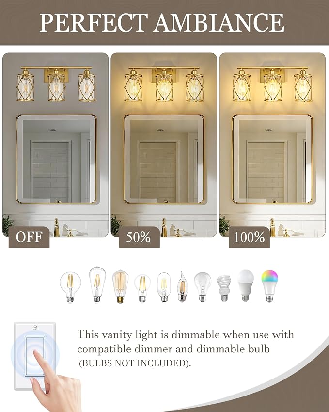 3-Light Brushed Gold Bathroom Light Fixtures, 21 Inch Modern Bathroom Vanity Lighting Fixtures Over Mirror with Clear Glass and Metal Cage Wall Sconce Lights for Bath, E26, CH9176BG-3W