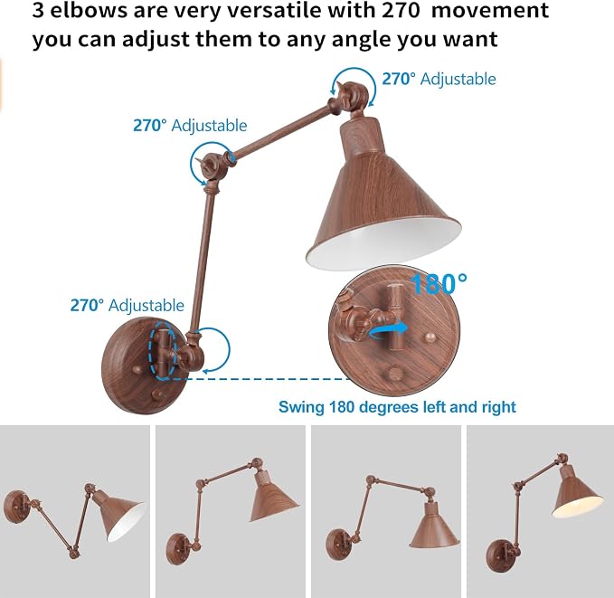 TRLIFE Wall Sconce Plug in, Dimmable Wall Sconce with Switch Swing Arm Wall Lights Plug in Wall Mounted Light Wall Sconces Lighting with 6FT Plug in Cord, E26 Base(1 Pack, Walnut Color)