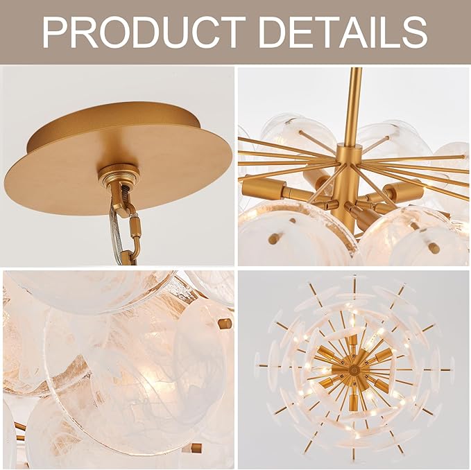 Dia 28 Inch, Modern Glass Chandeliers for Bedroom, Gold Dining Room Light Fixture, Large Vintage Pendant Chandelier for Living Room Stairway Entryway Kitchen Farmhouse Foyer