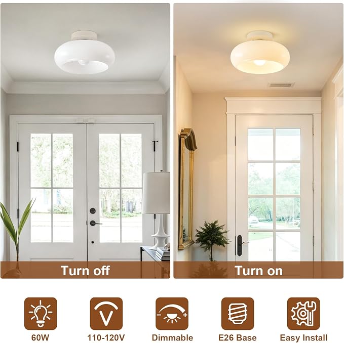WOKNOS Mid-Century Modern Cream White Semi Flush Ceiling Light 11.0 Inch | Small Glass Shade Close to Ceiling Lighting Fixture Kitchen Entryway Hallway Bathroom Closet Bedroom Laundry Room
