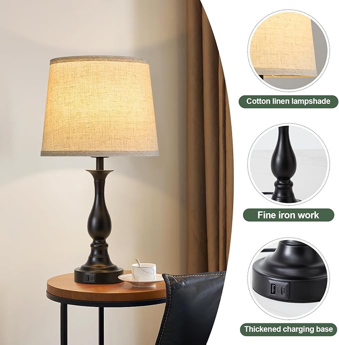 Bedside Table Lamp Touch Control Bedroom Lamps with USB A + C Charging Port 3 Way Dimmable Touch Lamps for Nightstand Living Room Bedroom Dorm Home Office Reading, Set of 2 (Beige Shade & Black Base)