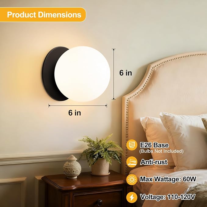 2 Pack Modern Matte Black Wall Light Fixtures, Mid-Century Globe Glass Wall Sconces Set of Two for Bathroom Mirror, Living Room, Hallway, Entryway (Bulbs Not Included)