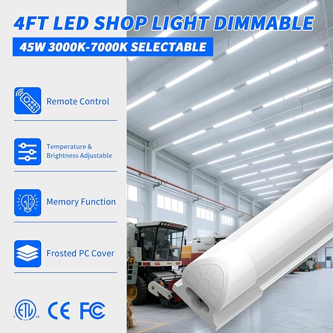 JESLED LED Shop Lights 4FT with Remote, 45W 5400LM Dimmable ETL 4 Pack | 3000K-7000K Adjustable Color Temperature, Linkable Garage Light for Workshop, Basement, Workbench