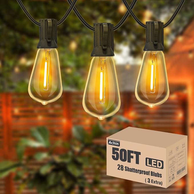 Achin Outdoor String Lights - 50ft LED Dimmable ST38 Warm Edison String Lights, Waterproof, Shatterproof, Connectable, Patio, Pergola, Bistro, Garden, Wedding, 2 Year Warranty
