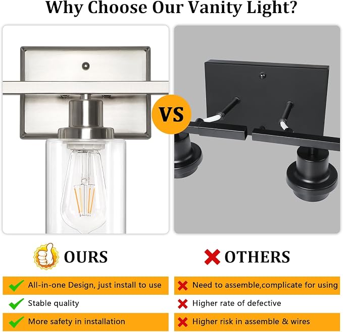 Ascher Bathroom Light Fixtures, 3 Light Vanity Light with LED Bulbs Included, Brushed Nickel Wall Sconces with Clear Glass Shades for Mirror, Kitchen, Living Room, Hallway, Cabinet