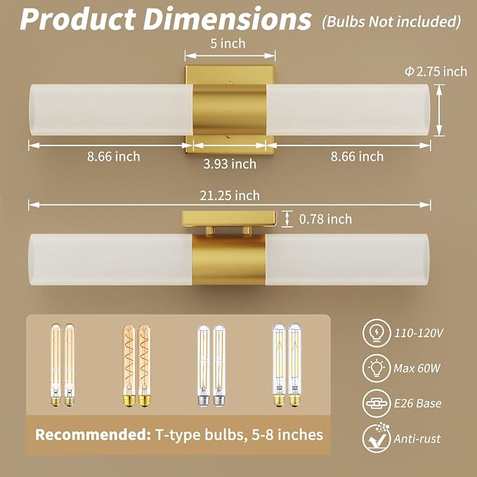 Modern 21" Bathroom Vanity Wall Sconce, Frosted Glass, Gold | Indoor Lighting Fixture, For Living Room, Stairs & Bedroom, Mounting Hardware Included, Easy To Install, Sturdy Metal Build.
