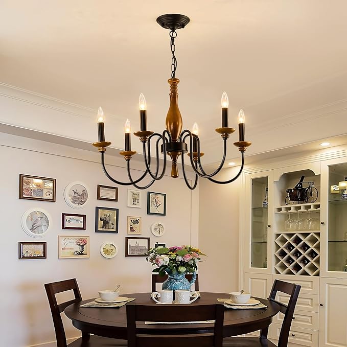 Farmhouse Wood Chandelier for Dining Room Rustic Candle Ceiling Chandelier Black Adjustable Hanging Light Fixture for Kitchen Living Room Foyer Entryway
