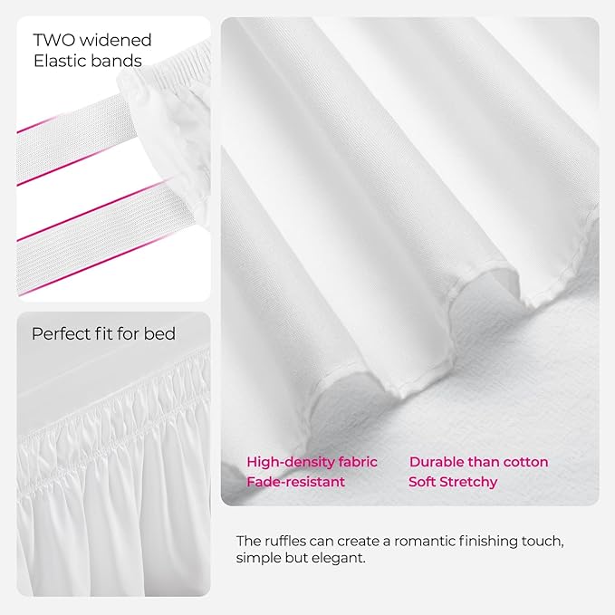 RIMELA Dorm Bed Skirt Twin XL 36 Inch Drop, Easy to Install Extra Long Wrap Around Elastic Dust Ruffle, White Bedskirt Solid Silky Fabric Machine Washable (Twin XL 80“L x 39”W & Twin 75“L x 39”W)