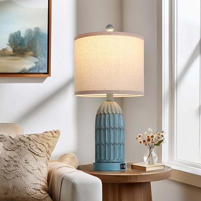 Coastal Table Bedside Lamps Set of 2, Farmhouse 3-Way Dimmable Touch Nightstand Lamp with 2 USB Charging Ports, Vintage Bedside Lamp for Bedroom Living Room End Table Retro Blue