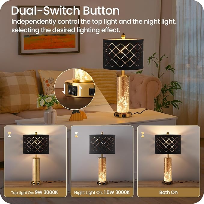 25.6" Black Table Lamps Set of 2, Tall Bedside Lamps with Nightlight, Modern Nightstand Lamp with USB Ports, Desk Lamp for Bedroom, Living Room, Office, LED Bulbs Included B01TL05