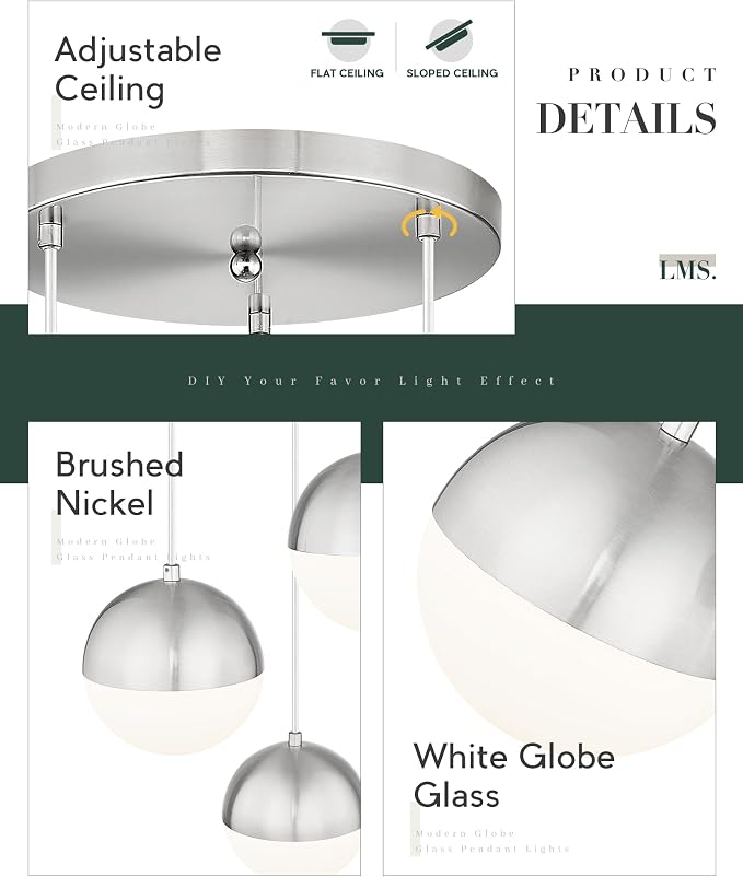 Modern Brushed Nickel 3-Light Cluster Pendant Lights, Mid Century Pendant Lighting with White Globe Glass Shade, Adjustable Hanging Cord Ceiling Light for Home Office Dining Room, LMS-186BN3