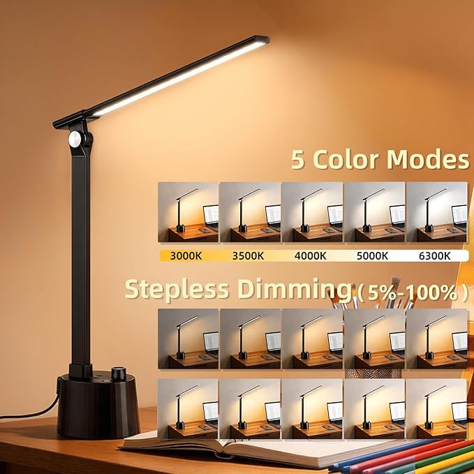 BOHON Small Desk Lamp with USB C Charging Port 5 Colors Stepless Dim Black | Reading Light Space-Saving Rotating Head Desk Lamp for Home Office College Dorm Room Bedside Table Bedroom