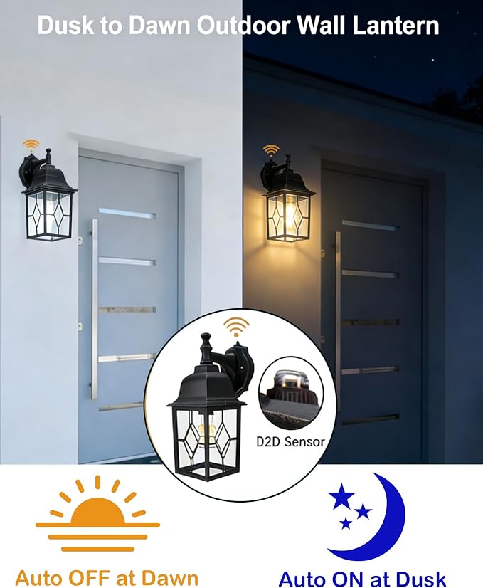 Outdoor Wall Light Fixture, Rustproof Aluminum, Glass | Dusk to Dawn Large Exterior Porch Light Wall Sconce Lantern for House, Patio, Garage, Waterproof, E26 Socket 60W Max, Black