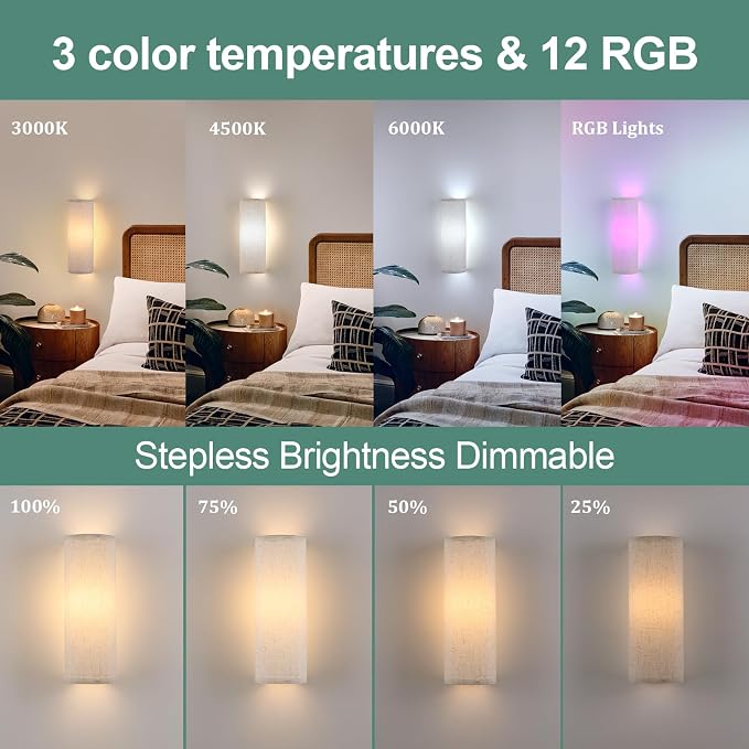 Shenmoyl Adhesive Battery Operated Wall Sconce Set of 2, 6000 mAh Battery Rechargeable Bulb with 12 RGB Colors, Stick on Wall Sconce No Drill Wall Lights, Linen