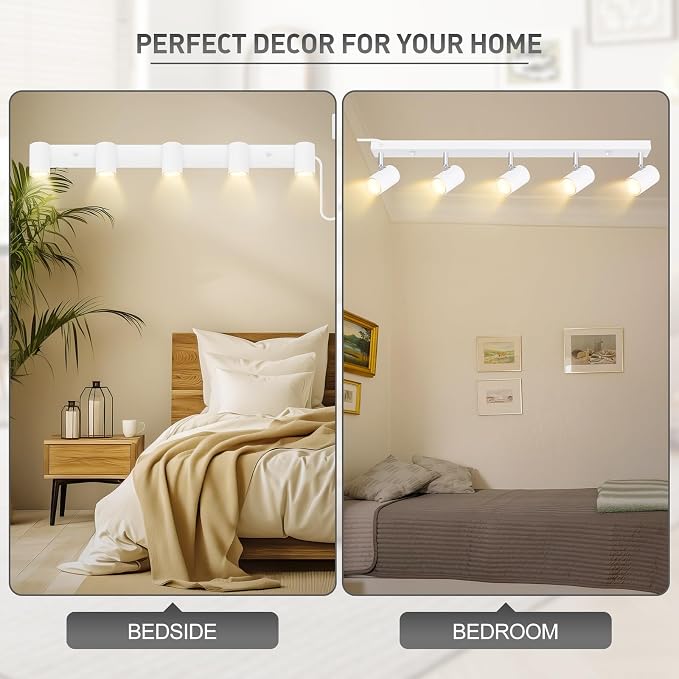 Plug in Track Lighting, LED Track Light Kit, White 5-Light Large Track Lights for Kitchen, 15 FT Cord,30" Large Ceiling Spotlight, Rotatable Wall Mount Light Head for Bedroom Hallway Living Room