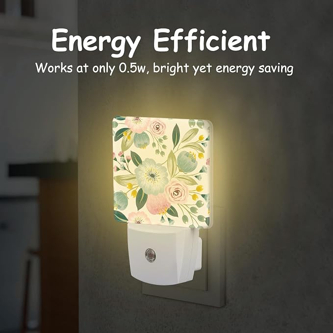 Spring Flowers Night Light,Pink Green Floral Plug-in Night Light Auto Dusk-to-Dawn Sensor Energy Efficient LED Lamp for Room Decor,Hallway,Kitchen,Bathroom,Nursery,Stairs