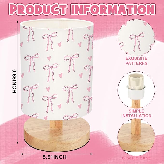 Pink Bow Kids Table Lamp for Bedroom Kids Bedside Lamp with Linen Wooden Nightstand Cartoon Nursery Lampshade for Girls Boys Living Room