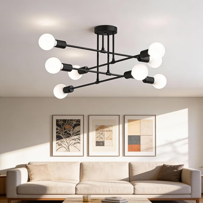 Modern Sputnik Chandelier Ceiling Light Fixtures, 8-Lights Mid Century Industrial Metal Semi Flush Mount for Dining Room, Bedroom, Living Room-Black