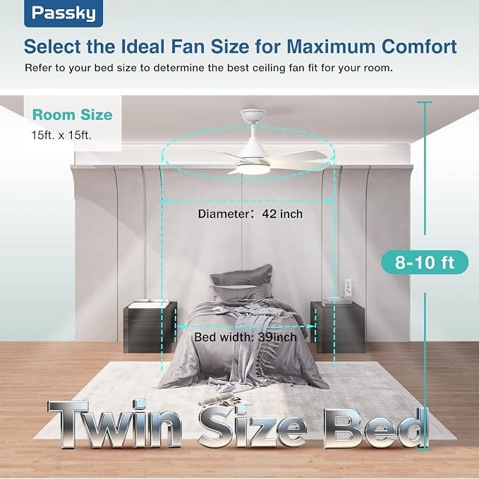 Passky 42 Inch White Sleek Ceiling Fans with Lights, Remote Control | 3-color dimmable light, quiet reversible DC motor, easy install, memory, Timer, bedroom, covered outdoor areas