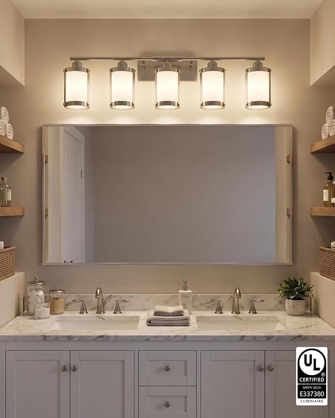 5-Light Brushed Nickel Bathroom Light Fixtures Over Mirror with Frosted Milk Glass and Metal Cage Shade, 38" UL-Listed Modern Farmhouse Wall Sconce for Bath, Hardwire E26, OS-3014BNW-5W