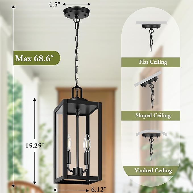 15” Large Outdoor Pendant Light, 2-Light Hanging Lantern, Black | Hanging Height Adjustable, Waterproof, Rust-Resistant, Durable Metal & Clear Glass, Dual E12 Sockets, Easy to Install