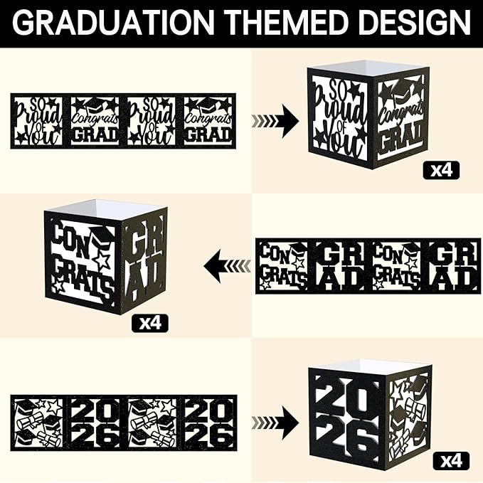 12 Pcs Graduation Table Centerpieces Boxes Class of 2026 Black Square Graduation Paper Lanterns with String Lights Hollow Out for Congrats Grad School College Table Decorations Grad Party Photo Props